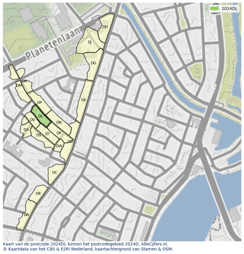 Afbeelding van het postcodegebied 2024 DL op de kaart.