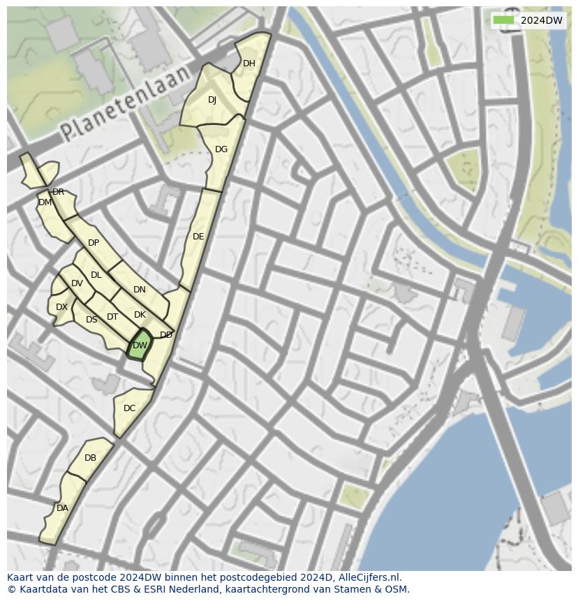 Afbeelding van het postcodegebied 2024 DW op de kaart.