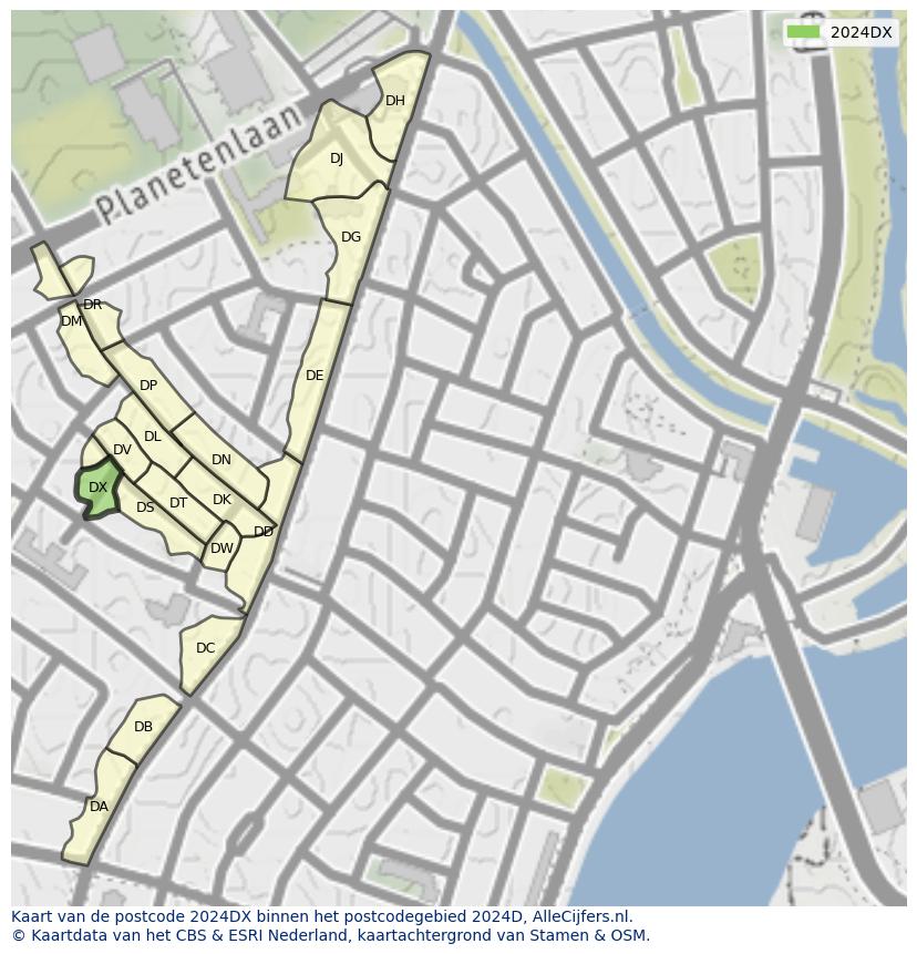 Afbeelding van het postcodegebied 2024 DX op de kaart.