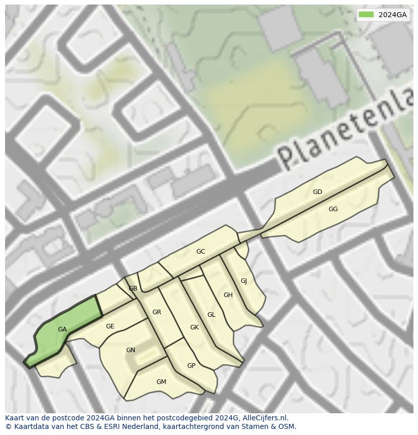 Afbeelding van het postcodegebied 2024 GA op de kaart.