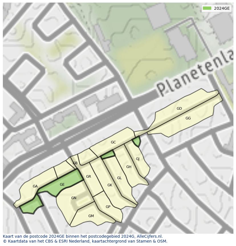 Afbeelding van het postcodegebied 2024 GE op de kaart.