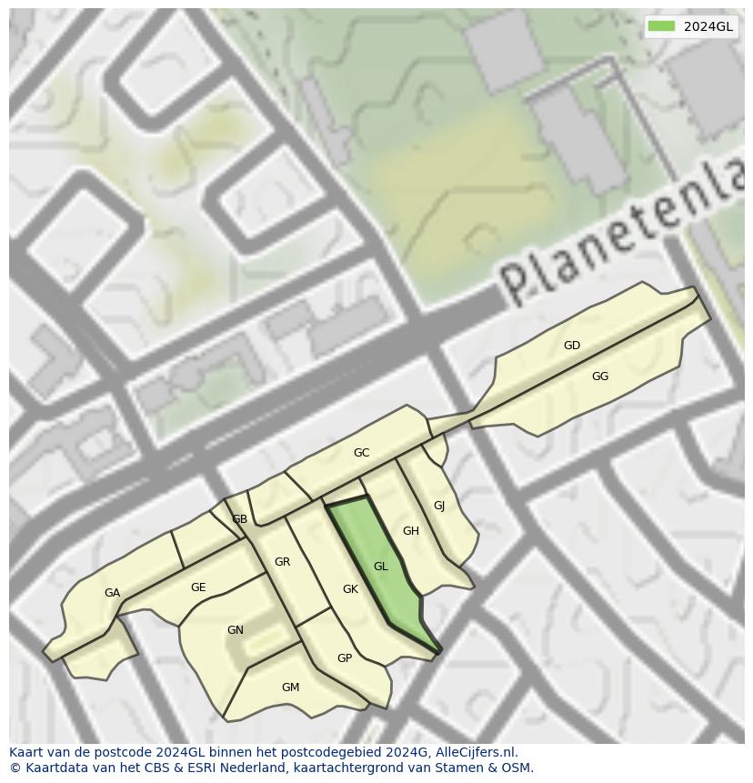 Afbeelding van het postcodegebied 2024 GL op de kaart.