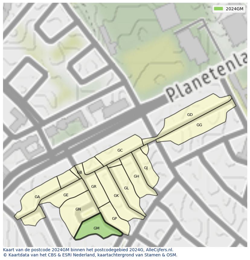 Afbeelding van het postcodegebied 2024 GM op de kaart.