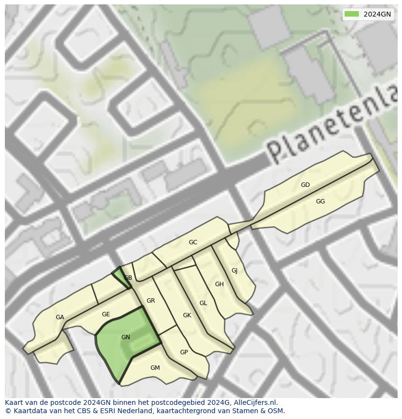 Afbeelding van het postcodegebied 2024 GN op de kaart.