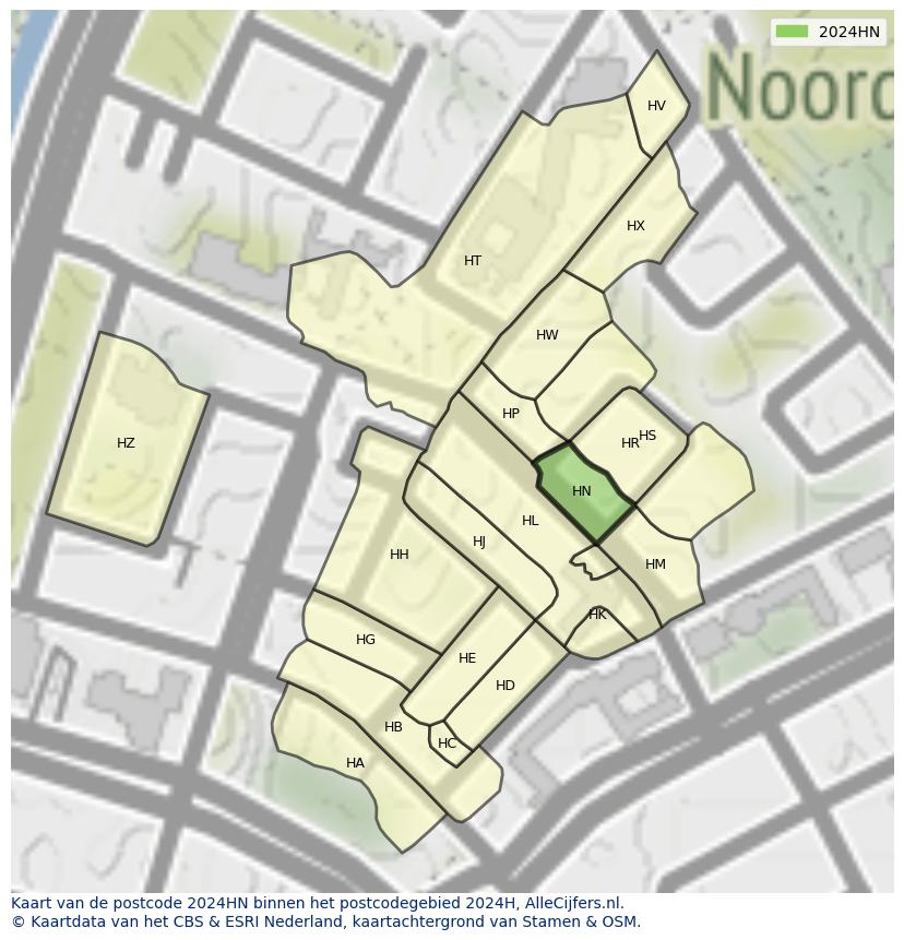 Afbeelding van het postcodegebied 2024 HN op de kaart.