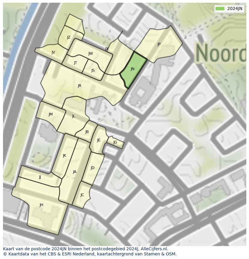 Afbeelding van het postcodegebied 2024 JN op de kaart.