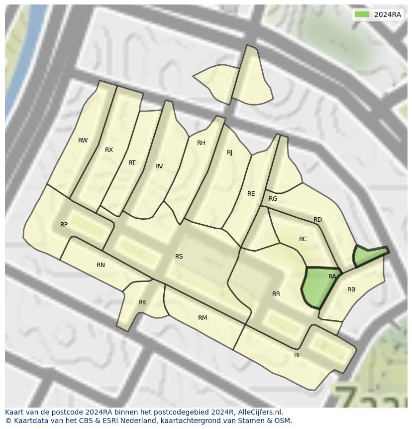 Afbeelding van het postcodegebied 2024 RA op de kaart.