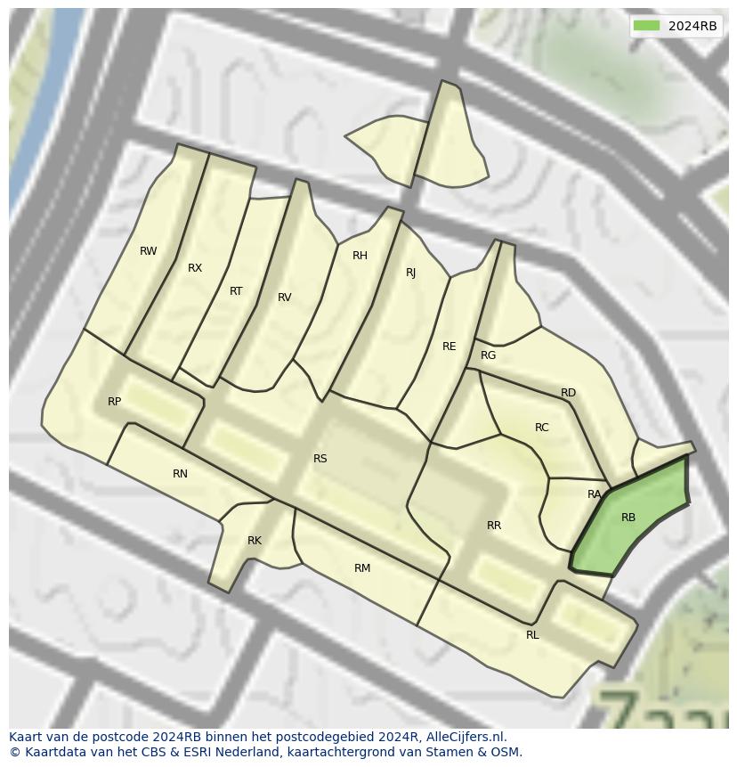 Afbeelding van het postcodegebied 2024 RB op de kaart.