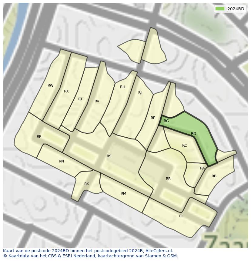 Afbeelding van het postcodegebied 2024 RD op de kaart.