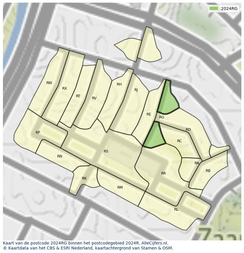 Afbeelding van het postcodegebied 2024 RG op de kaart.
