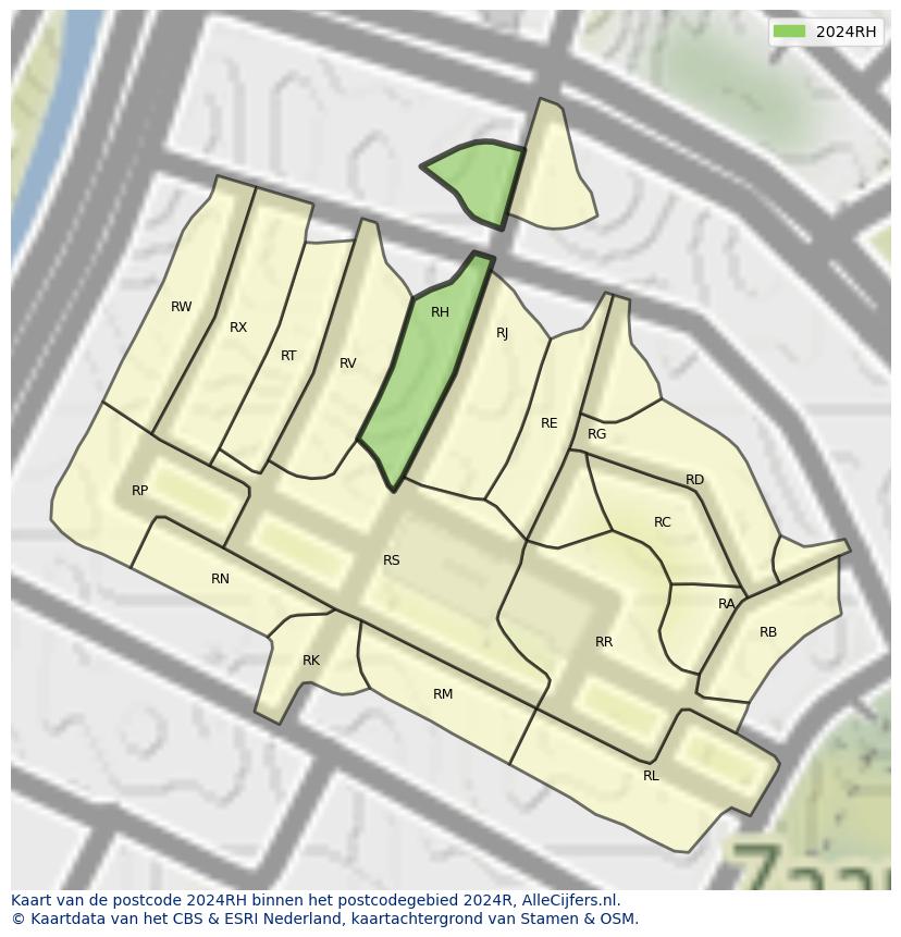 Afbeelding van het postcodegebied 2024 RH op de kaart.