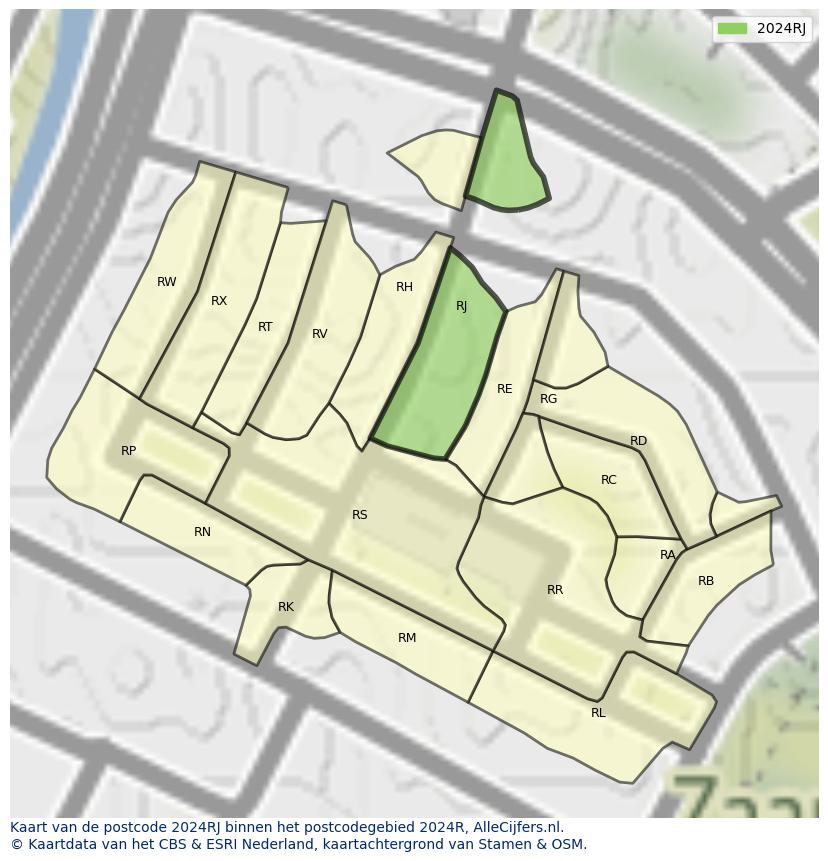 Afbeelding van het postcodegebied 2024 RJ op de kaart.