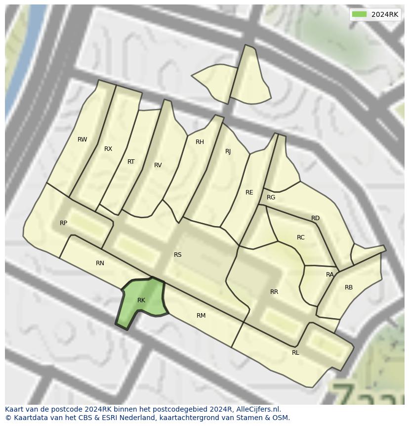 Afbeelding van het postcodegebied 2024 RK op de kaart.