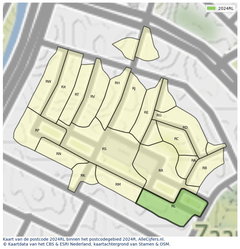 Afbeelding van het postcodegebied 2024 RL op de kaart.