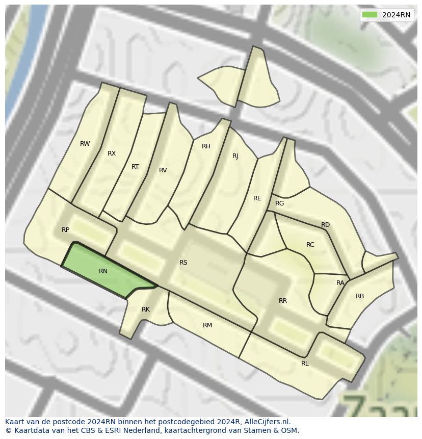 Afbeelding van het postcodegebied 2024 RN op de kaart.