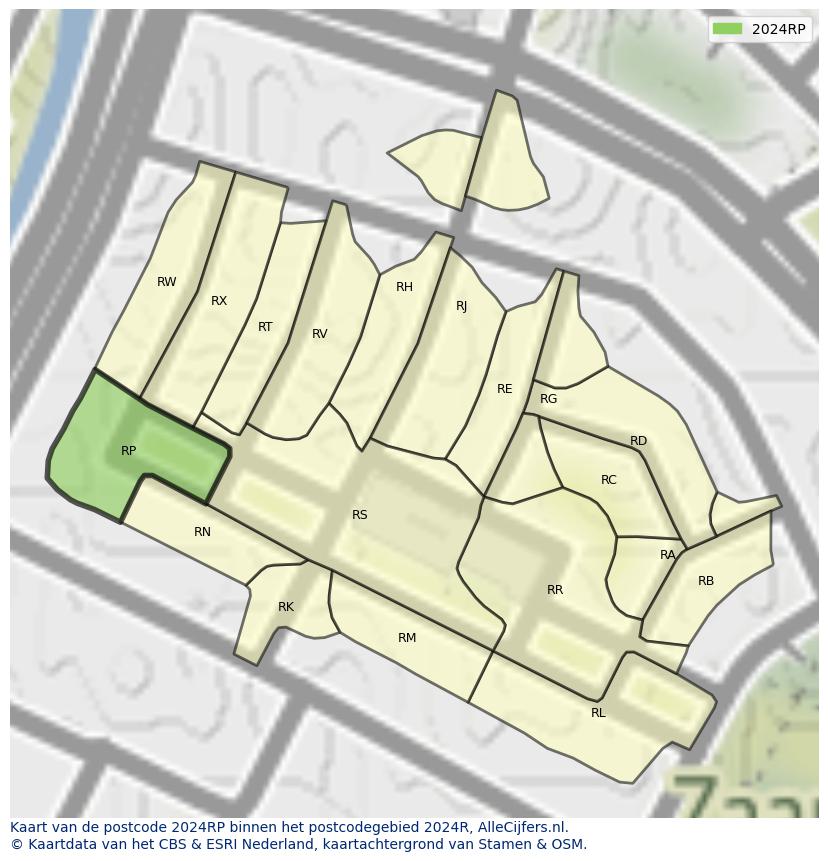 Afbeelding van het postcodegebied 2024 RP op de kaart.