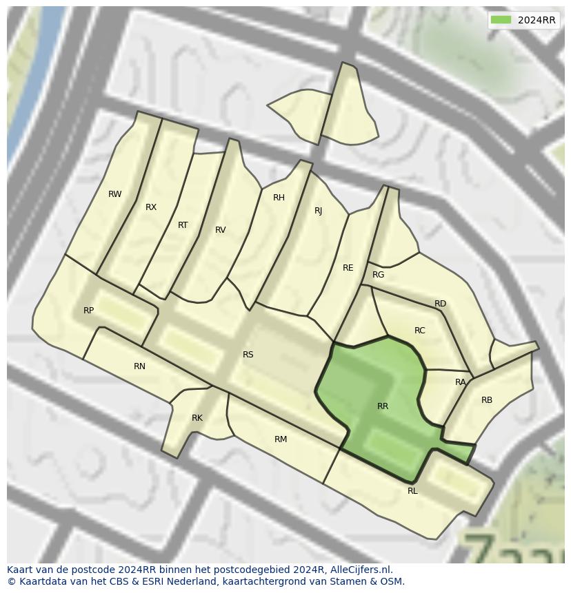 Afbeelding van het postcodegebied 2024 RR op de kaart.