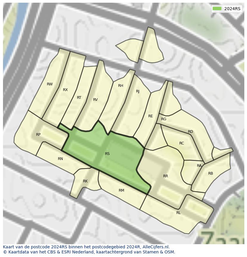 Afbeelding van het postcodegebied 2024 RS op de kaart.