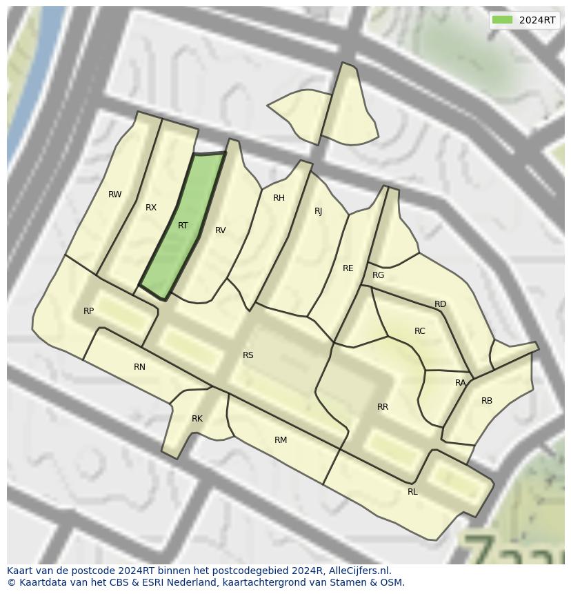 Afbeelding van het postcodegebied 2024 RT op de kaart.