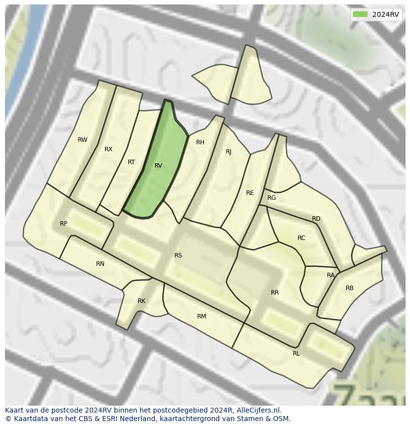 Afbeelding van het postcodegebied 2024 RV op de kaart.