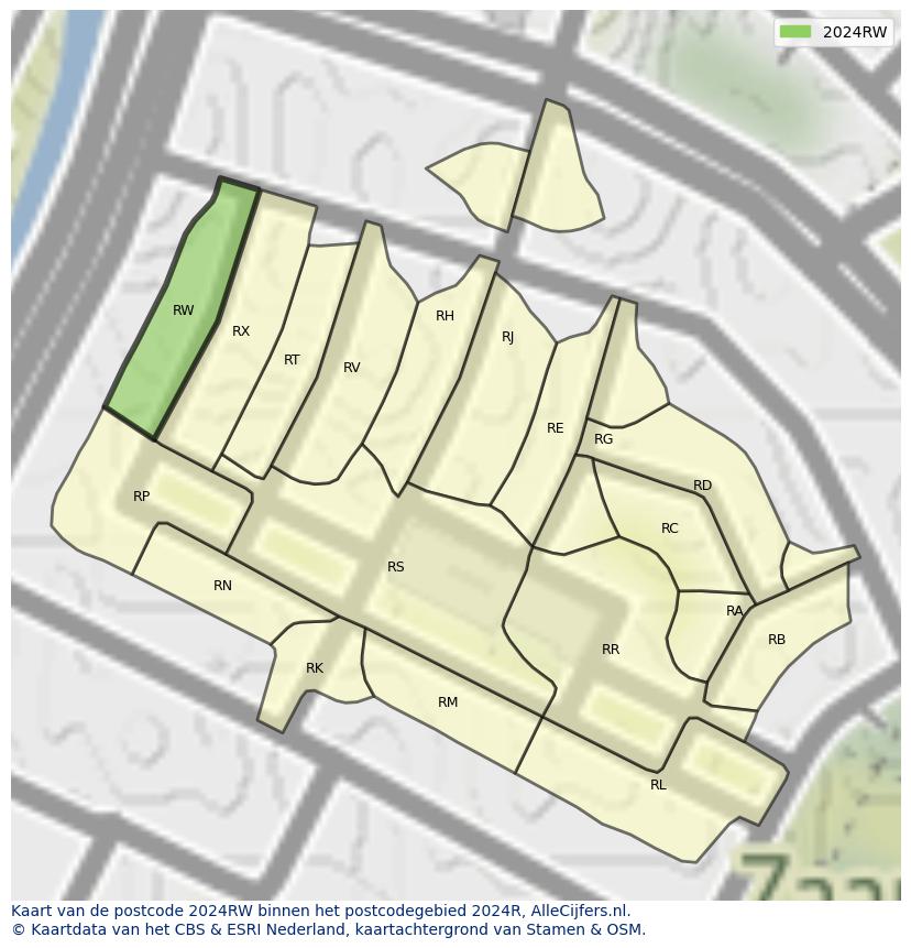 Afbeelding van het postcodegebied 2024 RW op de kaart.