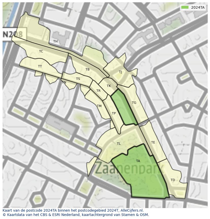 Afbeelding van het postcodegebied 2024 TA op de kaart.