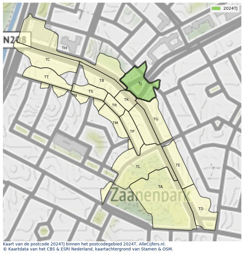 Afbeelding van het postcodegebied 2024 TJ op de kaart.
