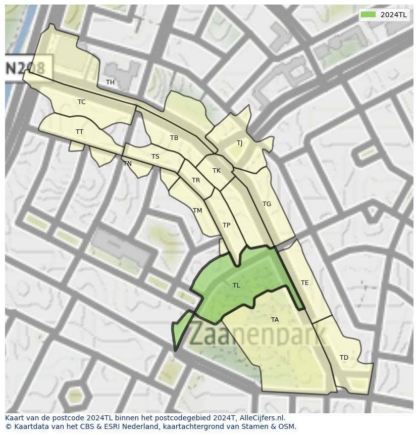 Afbeelding van het postcodegebied 2024 TL op de kaart.