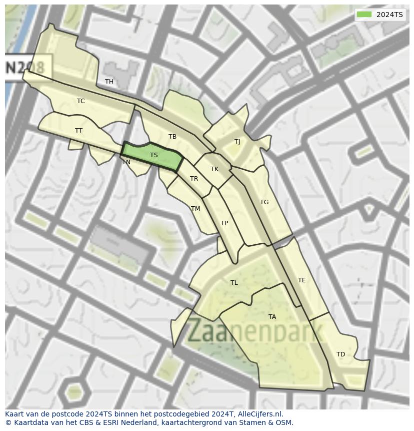 Afbeelding van het postcodegebied 2024 TS op de kaart.