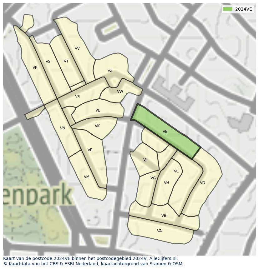 Afbeelding van het postcodegebied 2024 VE op de kaart.