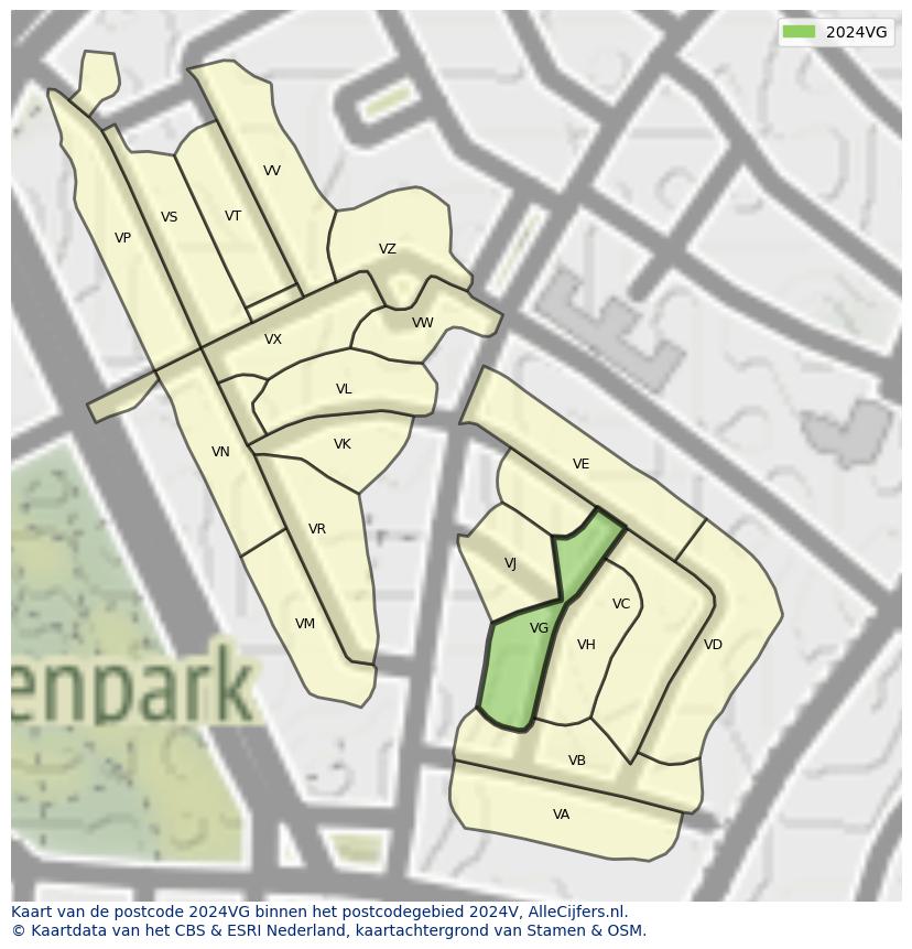 Afbeelding van het postcodegebied 2024 VG op de kaart.
