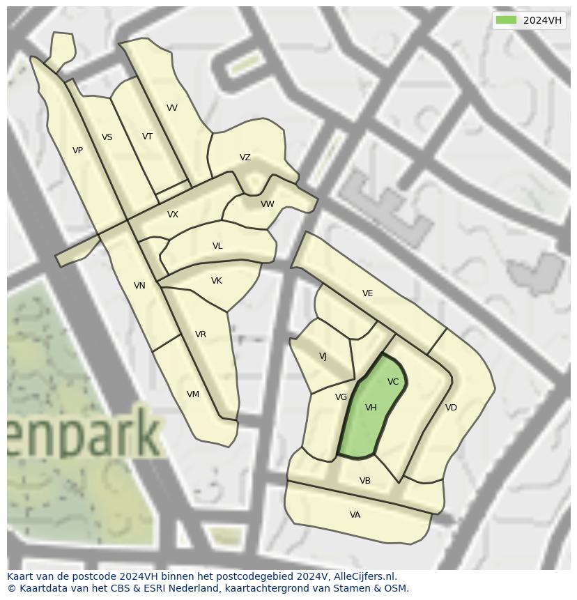 Afbeelding van het postcodegebied 2024 VH op de kaart.