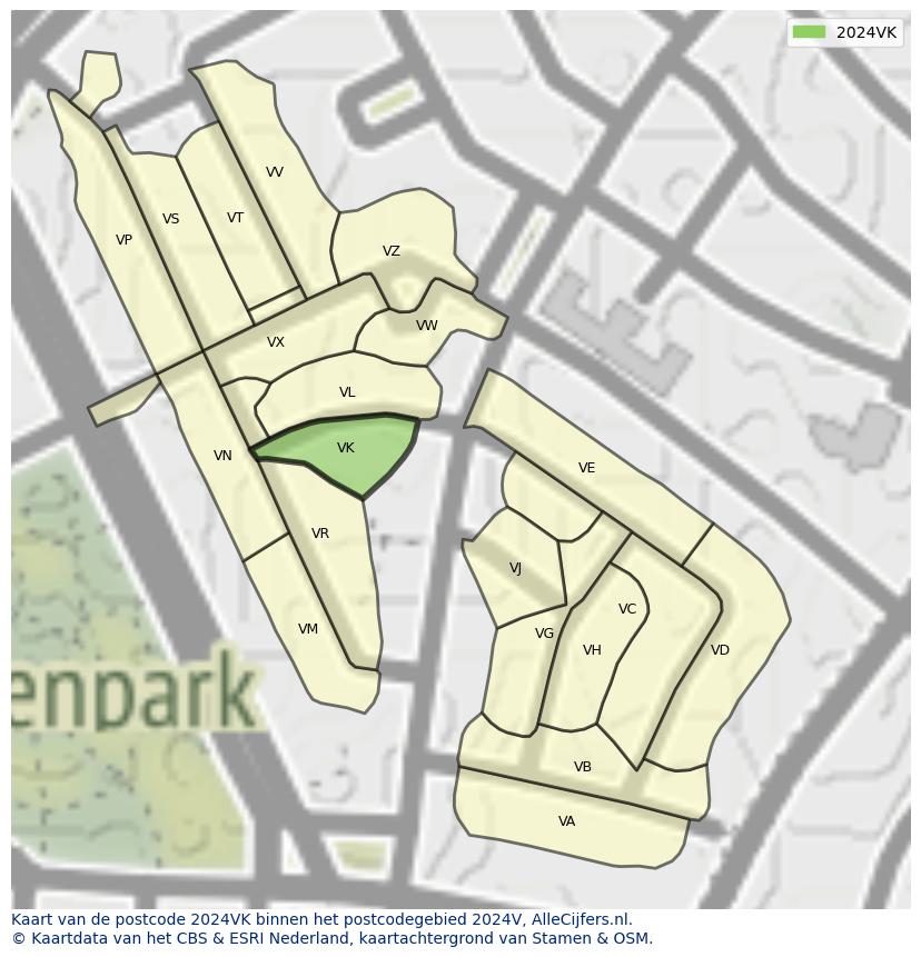 Afbeelding van het postcodegebied 2024 VK op de kaart.