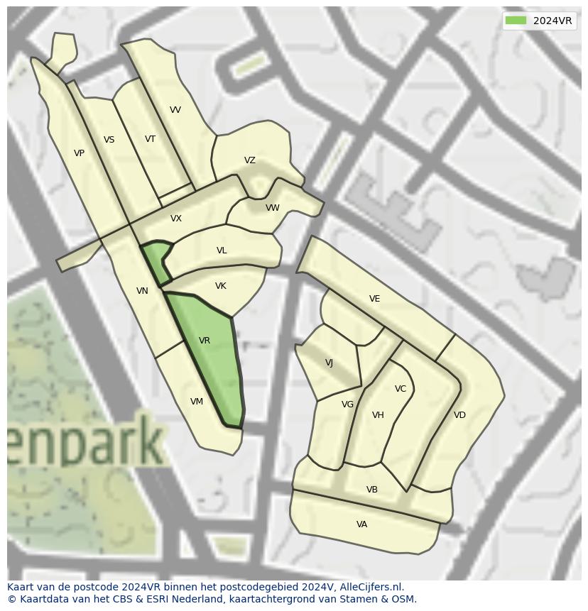 Afbeelding van het postcodegebied 2024 VR op de kaart.