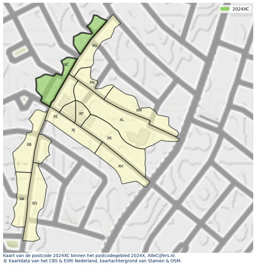 Afbeelding van het postcodegebied 2024 XC op de kaart.