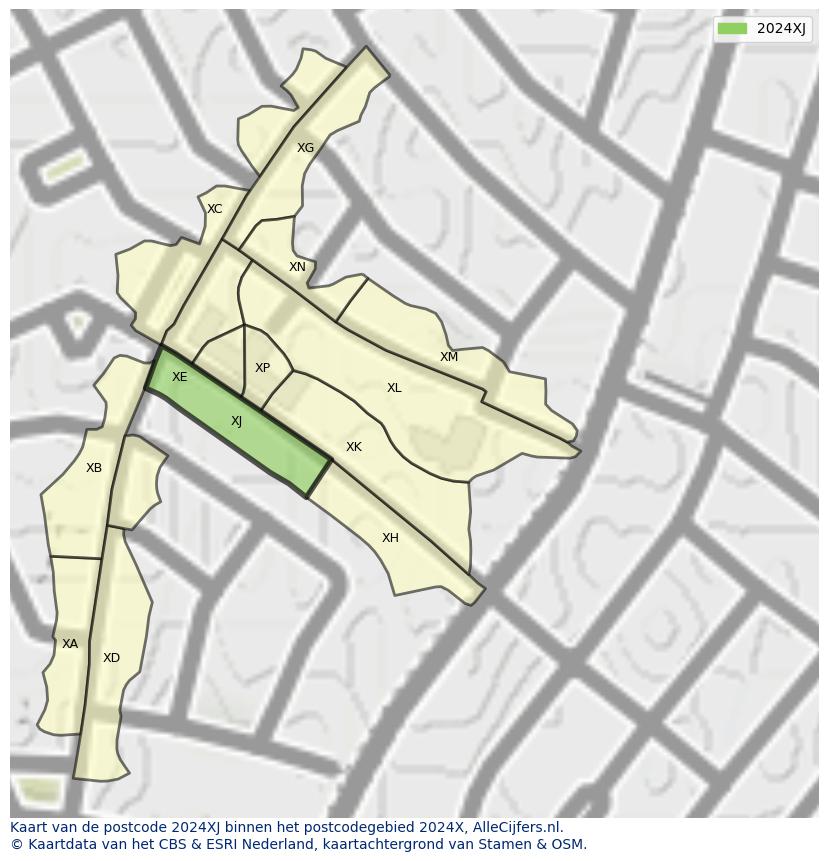 Afbeelding van het postcodegebied 2024 XJ op de kaart.