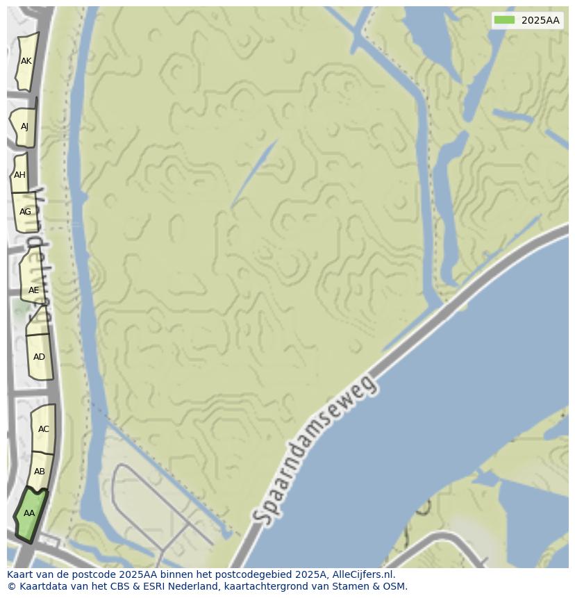 Afbeelding van het postcodegebied 2025 AA op de kaart.