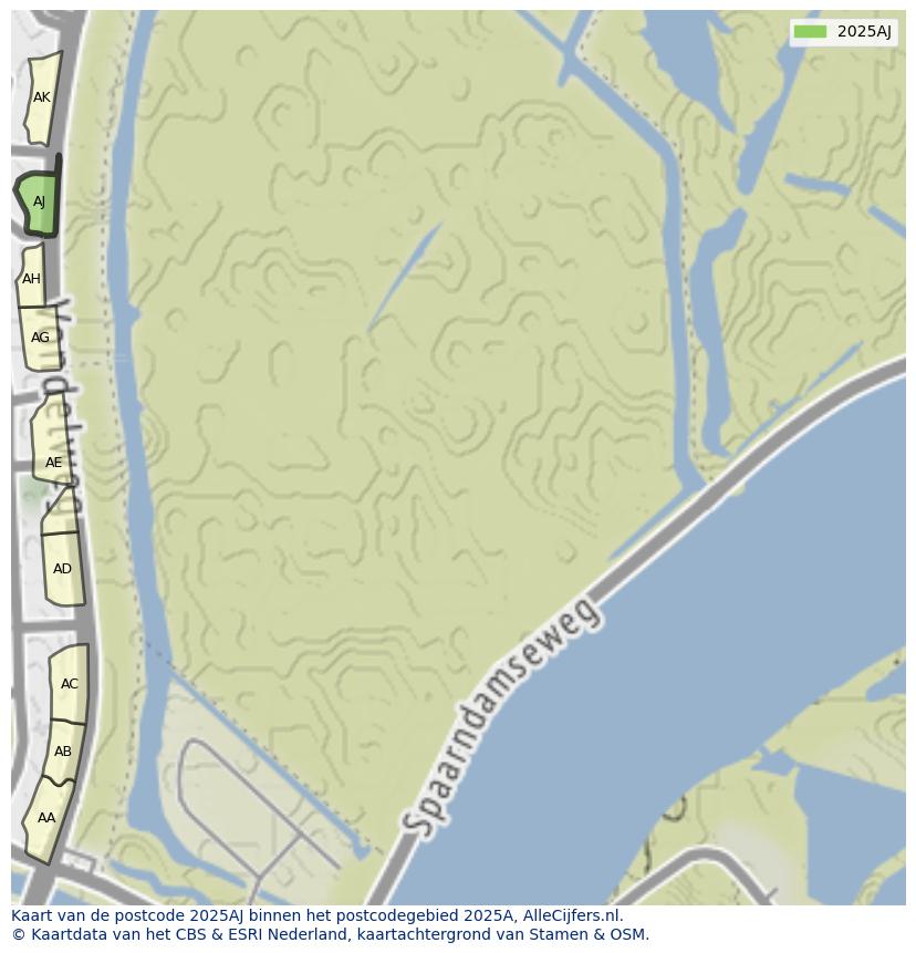 Afbeelding van het postcodegebied 2025 AJ op de kaart.
