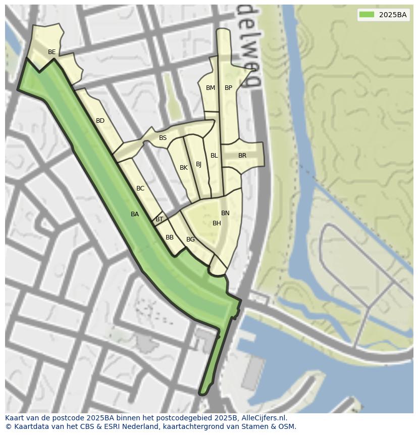 Afbeelding van het postcodegebied 2025 BA op de kaart.