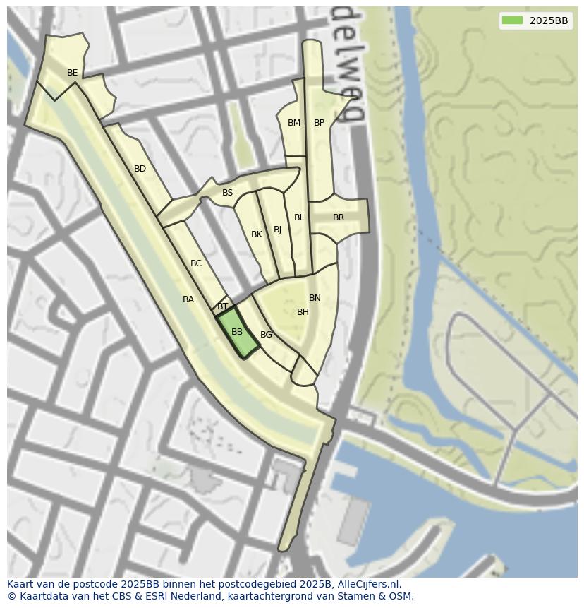Afbeelding van het postcodegebied 2025 BB op de kaart.