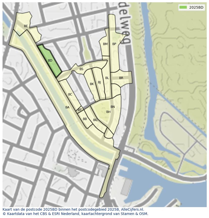 Afbeelding van het postcodegebied 2025 BD op de kaart.