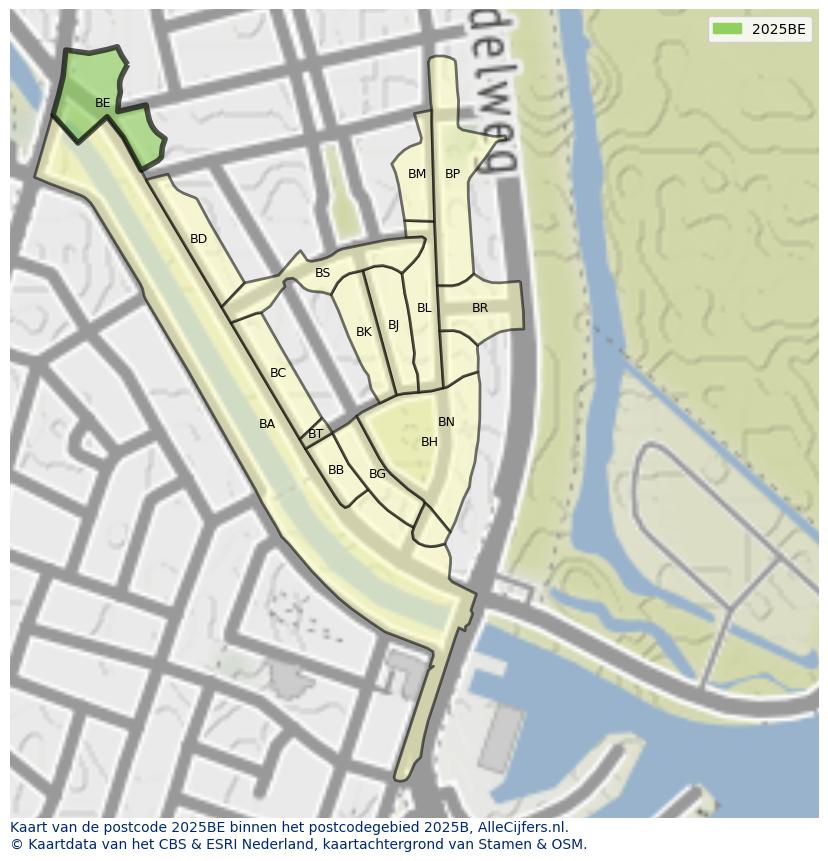 Afbeelding van het postcodegebied 2025 BE op de kaart.