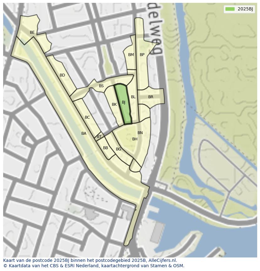 Afbeelding van het postcodegebied 2025 BJ op de kaart.