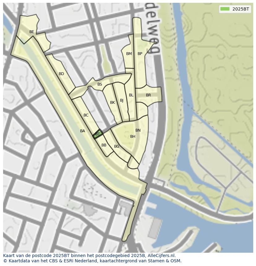Afbeelding van het postcodegebied 2025 BT op de kaart.