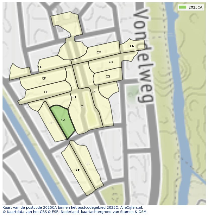 Afbeelding van het postcodegebied 2025 CA op de kaart.
