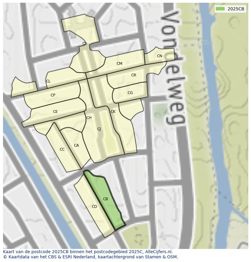 Afbeelding van het postcodegebied 2025 CB op de kaart.
