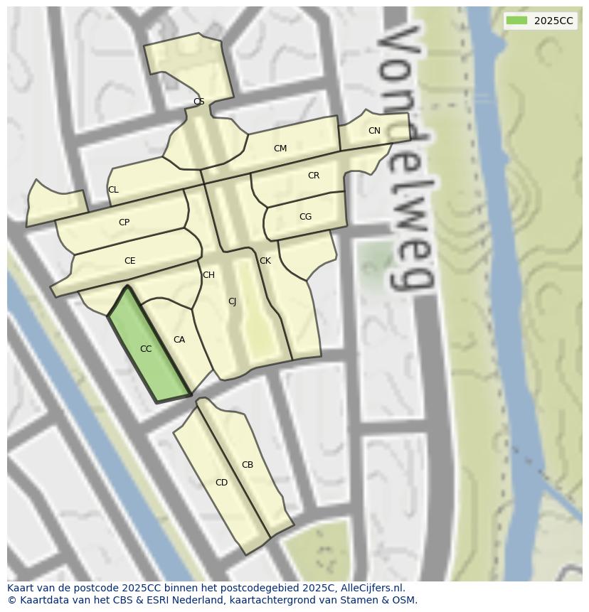 Afbeelding van het postcodegebied 2025 CC op de kaart.