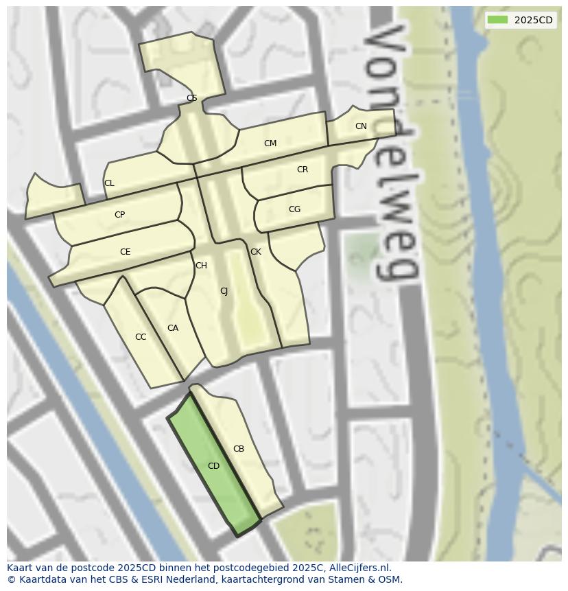 Afbeelding van het postcodegebied 2025 CD op de kaart.