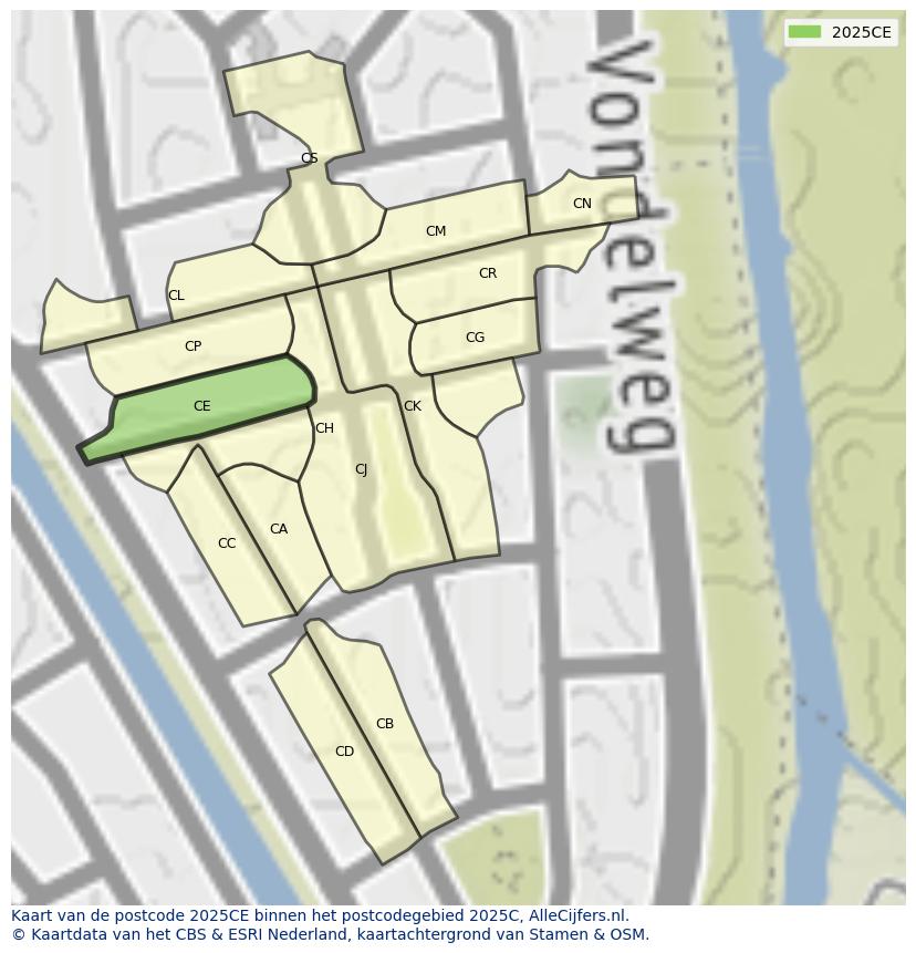 Afbeelding van het postcodegebied 2025 CE op de kaart.