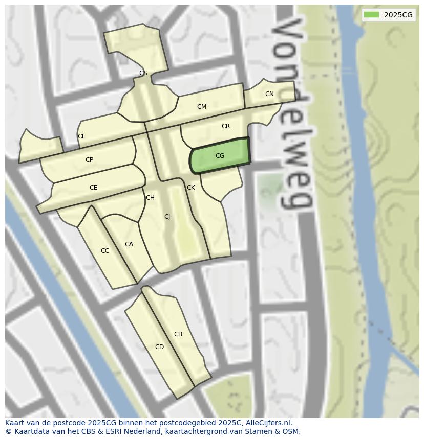 Afbeelding van het postcodegebied 2025 CG op de kaart.